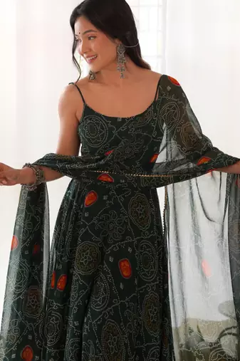Green  festive wear designer pure soft chiffon bandhej  digital printed work readymade suit