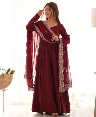 maroon festive wear designer heavy pure roman silk chanderi sequence embroidery work readymade suit 1