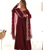 maroon festive wear designer heavy pure roman silk chanderi sequence embroidery work readymade suit