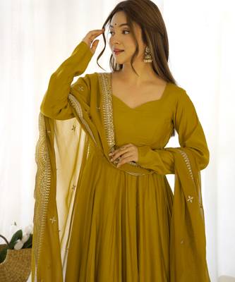 Mustard festive wear designer pure soft chiffon bandhej  digital printed work readymade suit 3