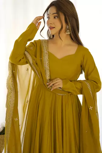 Mustard festive wear designer pure soft chiffon bandhej  digital printed work readymade suit