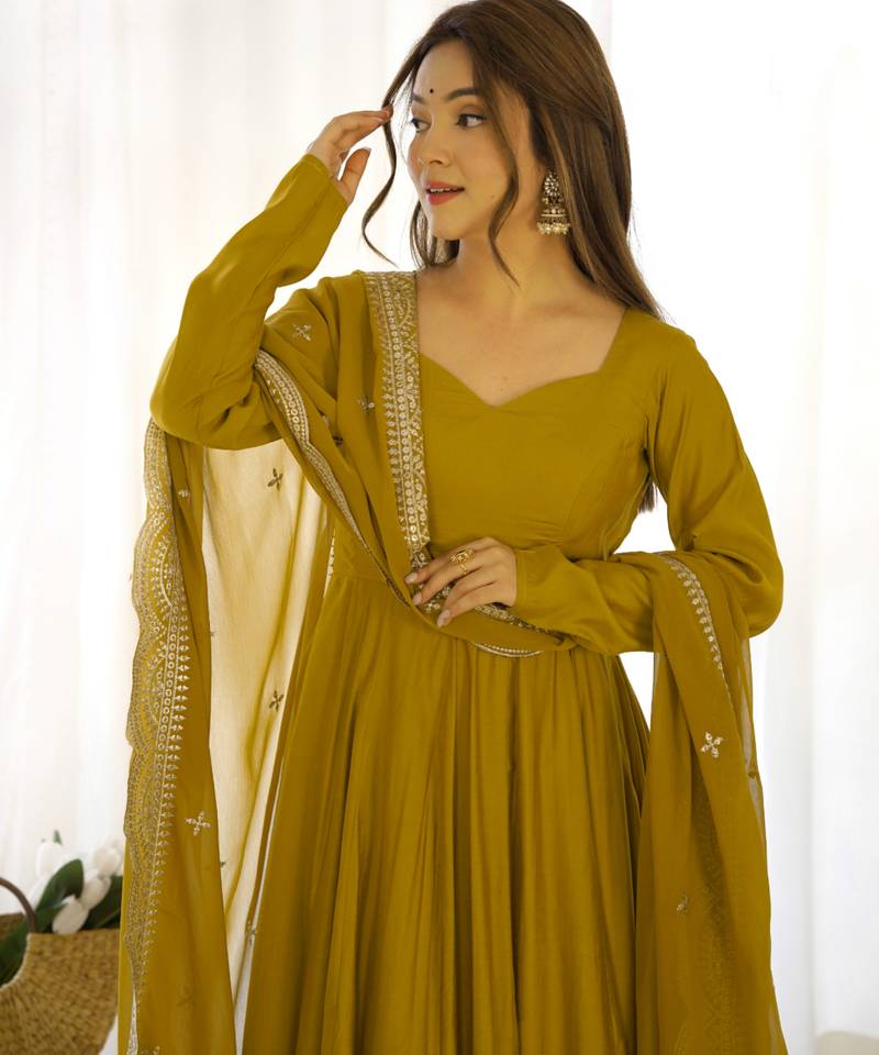 Mustard festive wear designer pure soft chiffon bandhej  digital printed work readymade suit