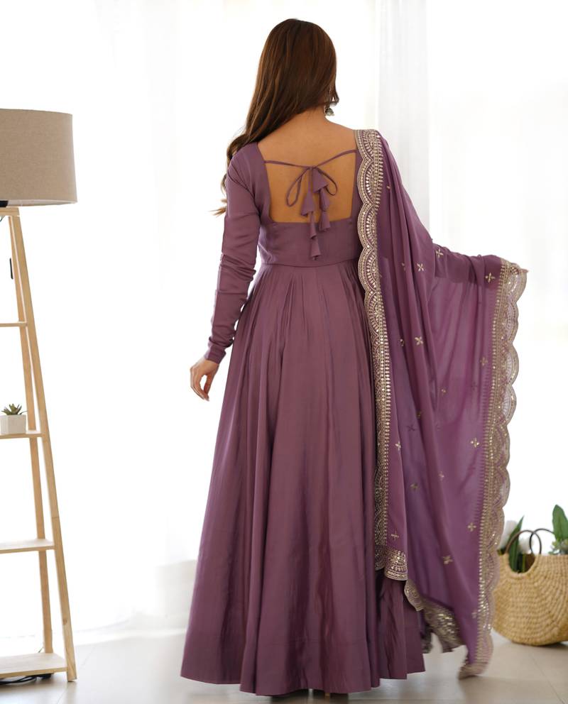 Lavender festive wear designer heavy pure roman silk chanderi sequence embroidery work readymade suit