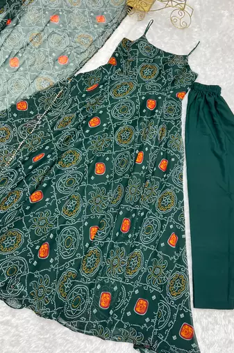 Green  festive wear designer pure soft chiffon bandhej  digital printed work readymade suit