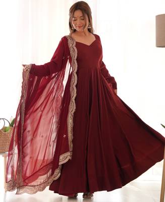 maroon festive wear designer heavy pure roman silk chanderi sequence embroidery work readymade suit 2