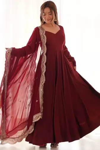 maroon festive wear designer heavy pure roman silk chanderi sequence embroidery work readymade suit