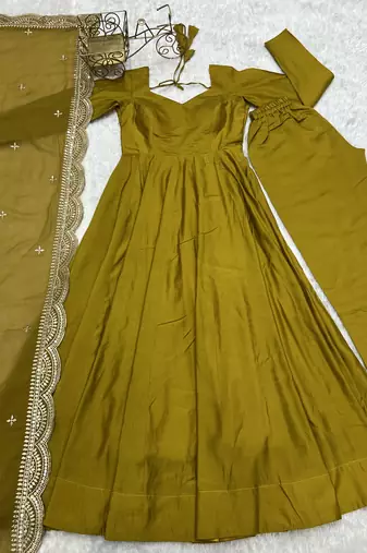 Mustard festive wear designer pure soft chiffon bandhej  digital printed work readymade suit