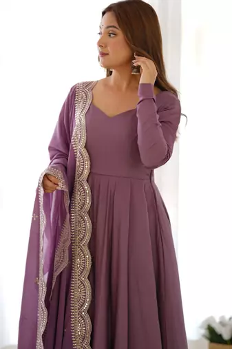Lavender festive wear designer heavy pure roman silk chanderi sequence embroidery work readymade suit