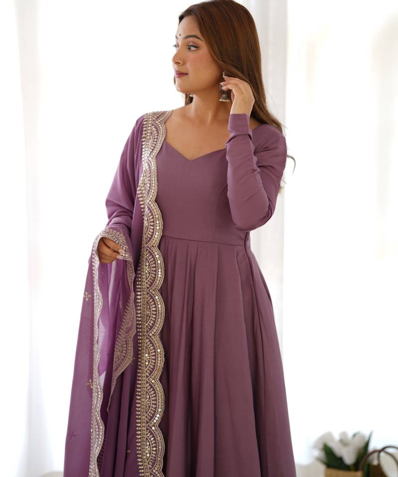 Lavender festive wear designer heavy pure roman silk chanderi sequence embroidery work readymade suit