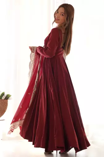 maroon festive wear designer heavy pure roman silk chanderi sequence embroidery work readymade suit