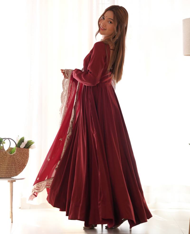 maroon festive wear designer heavy pure roman silk chanderi sequence embroidery work readymade suit