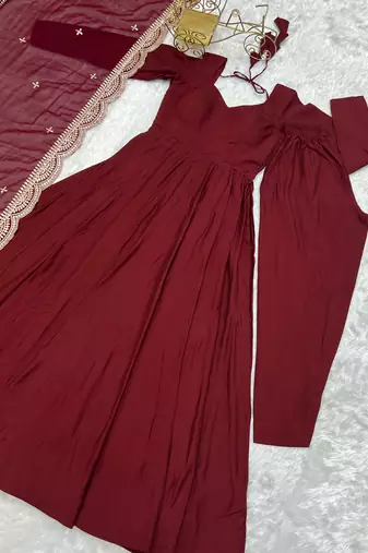 maroon festive wear designer heavy pure roman silk chanderi sequence embroidery work readymade suit