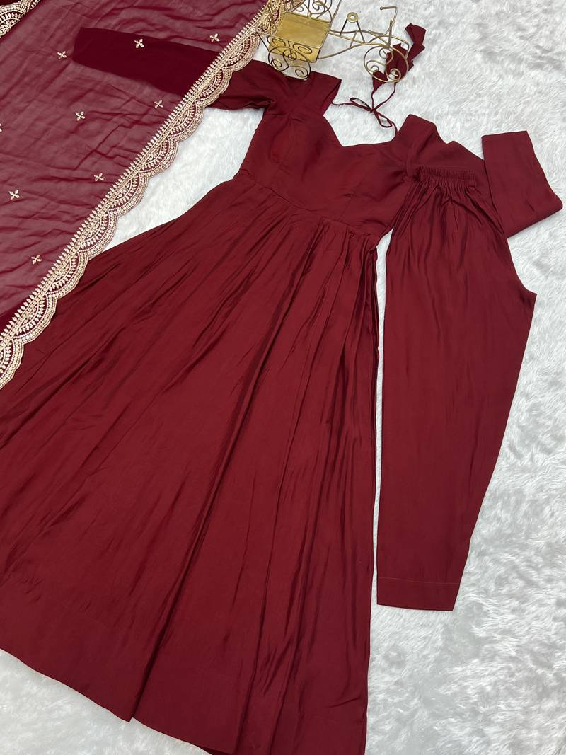 maroon festive wear designer heavy pure roman silk chanderi sequence embroidery work readymade suit