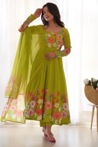 green festive wear designer heavy pure soft tabby organza silk flower print work readymade suit