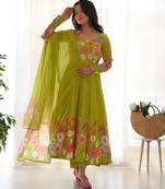 green festive wear designer heavy pure soft tabby organza silk flower print work readymade suit
