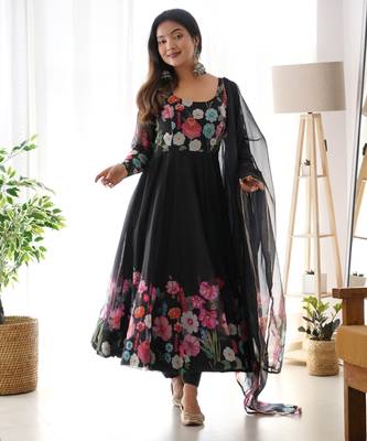 black festive wear designer heavy pure soft organza silk hand work readymade suit 1