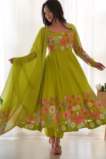 green festive wear designer heavy pure soft tabby organza silk flower print work readymade suit