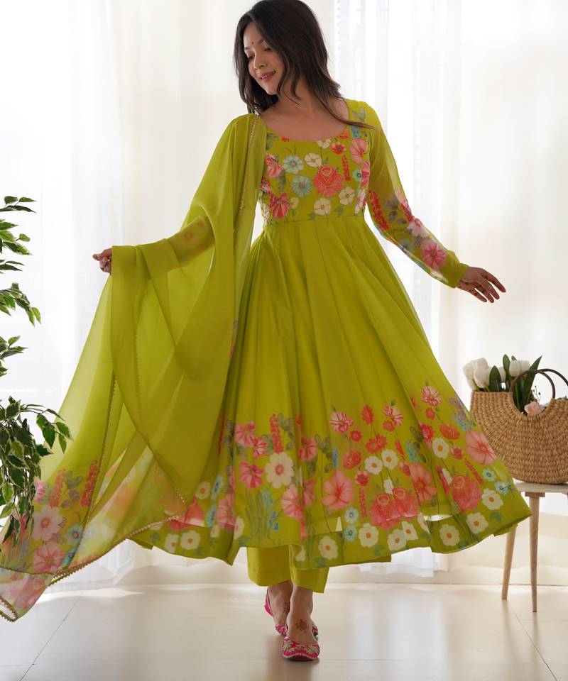 green festive wear designer heavy pure soft tabby organza silk flower print work readymade suit