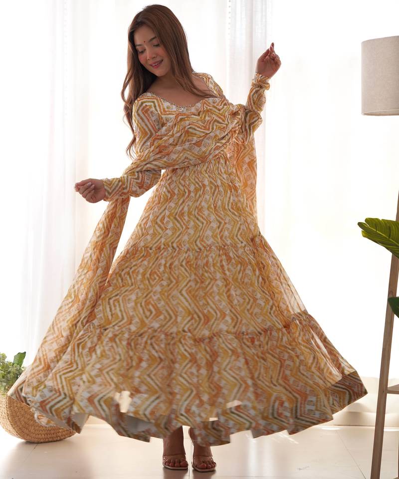 beige festive wear designer heavy pure soft organza silk hand work readymade suit