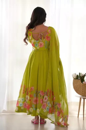 green festive wear designer heavy pure soft tabby organza silk flower print work readymade suit