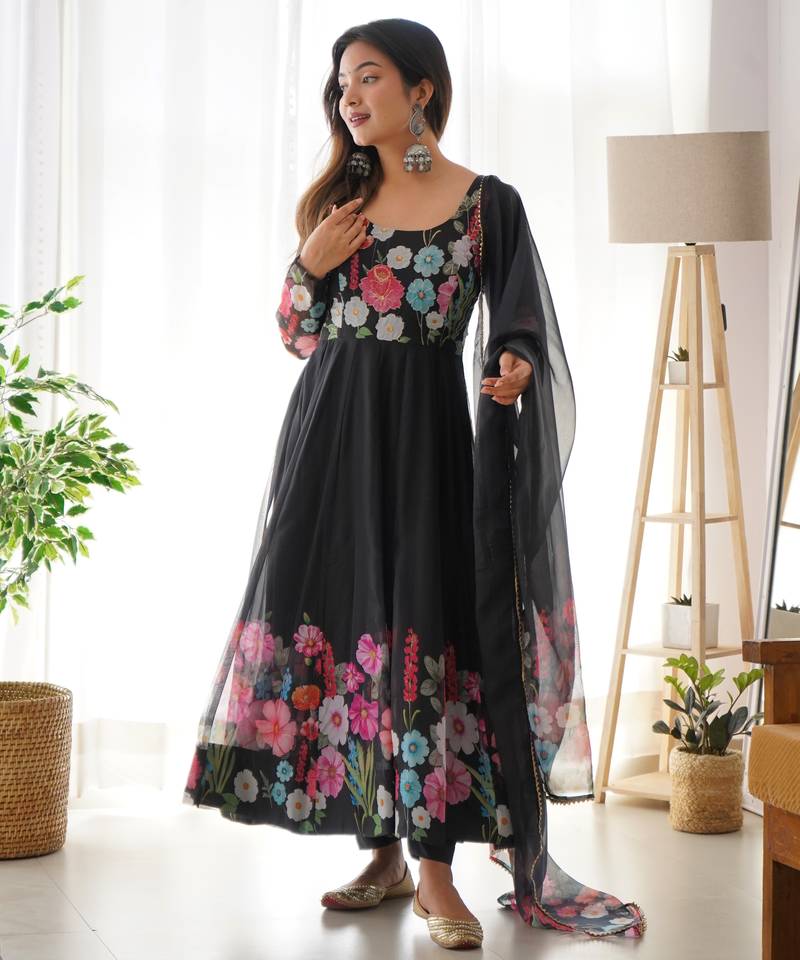 black festive wear designer heavy pure soft organza silk hand work readymade suit