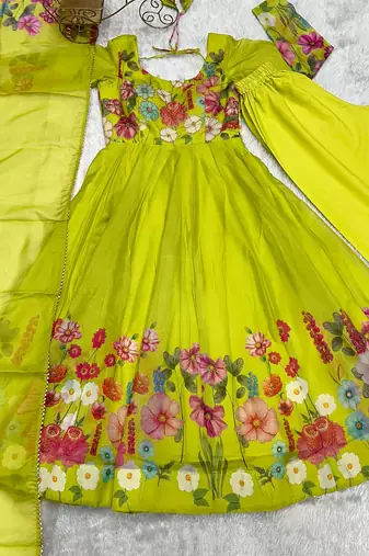 green festive wear designer heavy pure soft tabby organza silk flower print work readymade suit