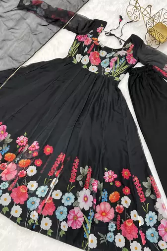 black festive wear designer heavy pure soft organza silk hand work readymade suit