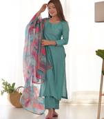 Sea green festive wear designer pure viscose multi floral print work readymade suit