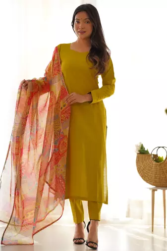 Mustard festive wear designer pure viscose multi floral print work readymade suit