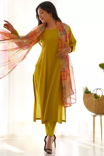 Mustard festive wear designer pure viscose multi floral print work readymade suit