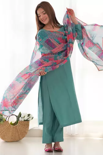 Sea green festive wear designer pure viscose multi floral print work readymade suit