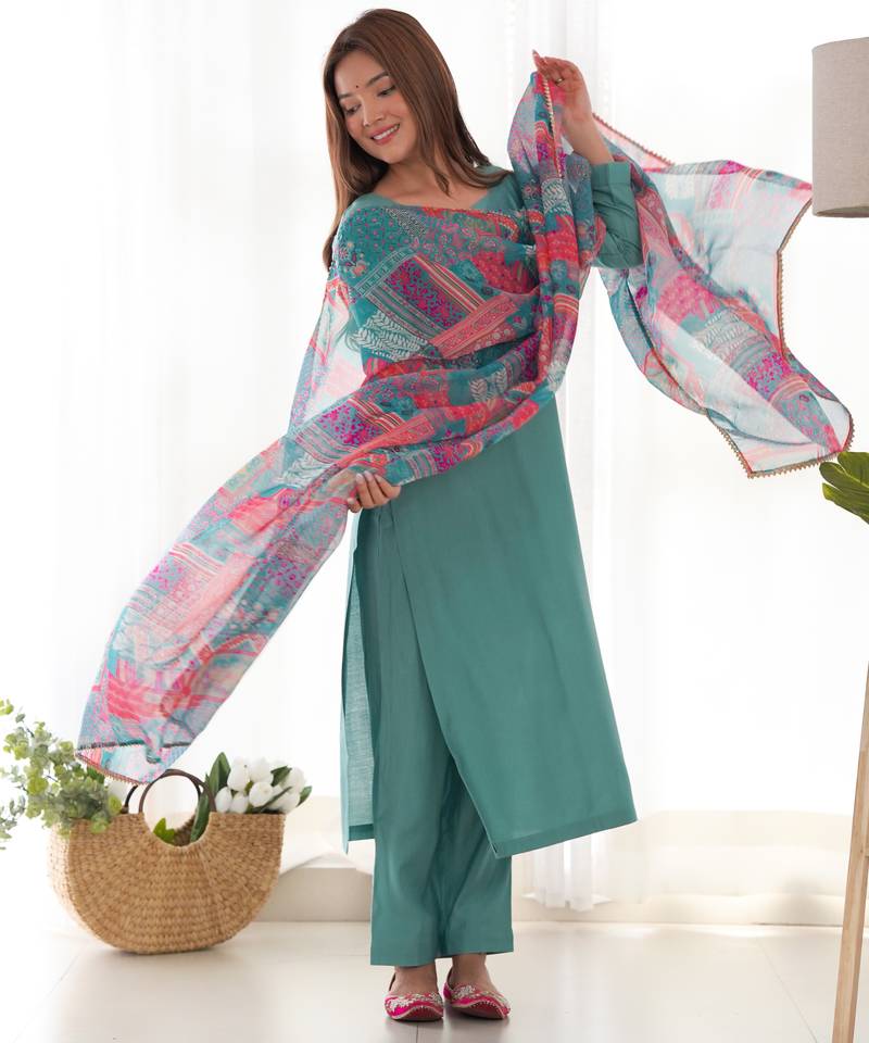 Sea green festive wear designer pure viscose multi floral print work readymade suit