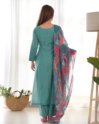 Sea green festive wear designer pure viscose multi floral print work readymade suit 3