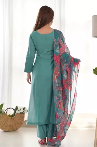 Sea green festive wear designer pure viscose multi floral print work readymade suit