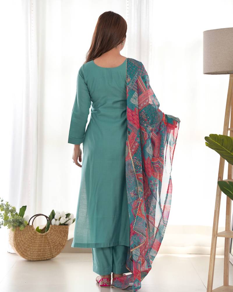 Sea green festive wear designer pure viscose multi floral print work readymade suit