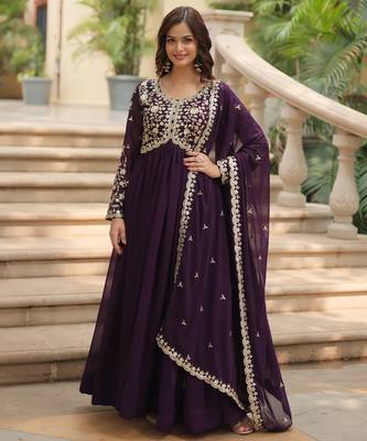 Purple festive wear designer faux blooming rich sequins with embroidered work readymade suit 1