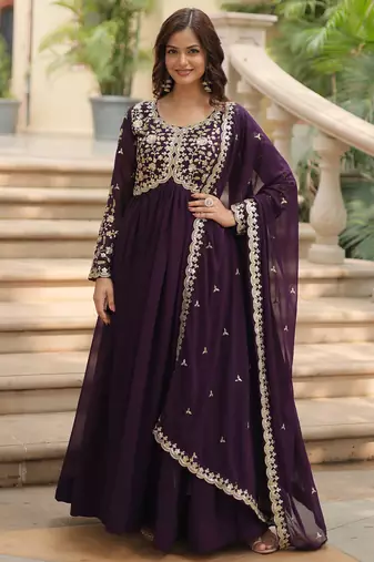 Purple festive wear designer faux blooming rich sequins with embroidered work readymade suit