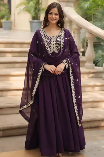 Purple festive wear designer faux blooming rich sequins with embroidered work readymade suit