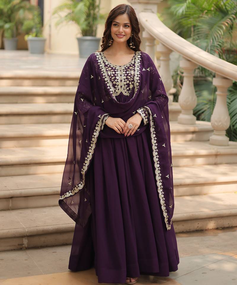 Purple festive wear designer faux blooming rich sequins with embroidered work readymade suit