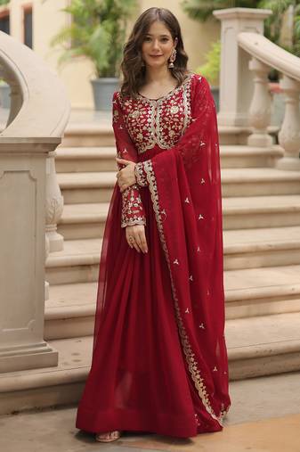 Maroon festive wear designer faux blooming rich sequins with embroidered work readymade suit