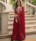 Maroon festive wear designer faux blooming rich sequins with embroidered work readymade suit