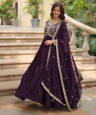 Purple festive wear designer faux blooming rich sequins with embroidered work readymade suit 3