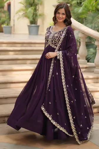 Purple festive wear designer faux blooming rich sequins with embroidered work readymade suit