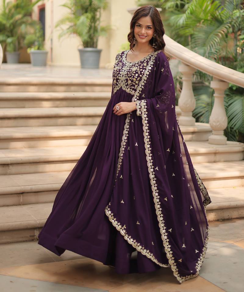 Purple festive wear designer faux blooming rich sequins with embroidered work readymade suit