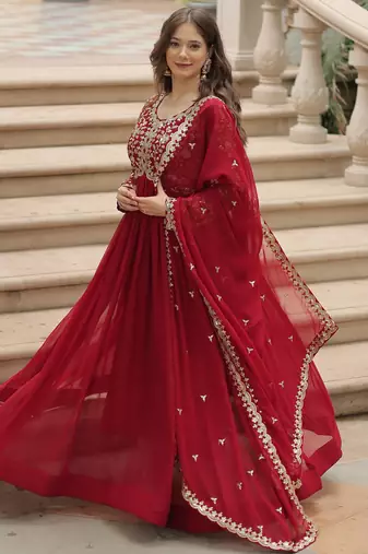 Maroon festive wear designer faux blooming rich sequins with embroidered work readymade suit