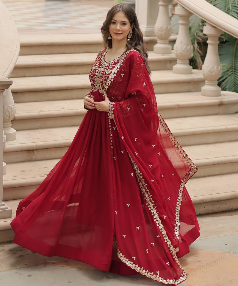 Maroon festive wear designer faux blooming rich sequins with embroidered work readymade suit