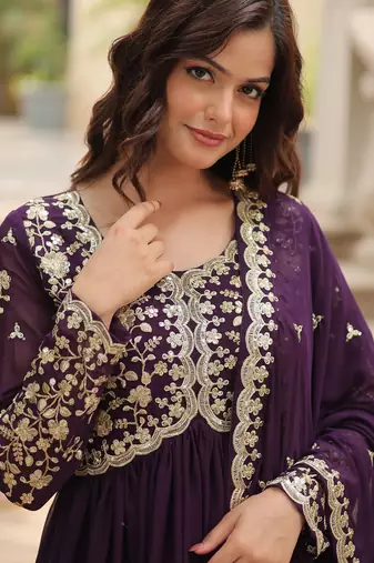 Purple festive wear designer faux blooming rich sequins with embroidered work readymade suit