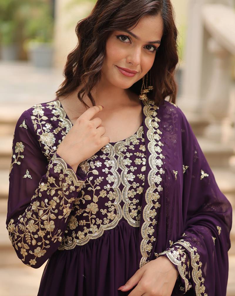 Purple festive wear designer faux blooming rich sequins with embroidered work readymade suit