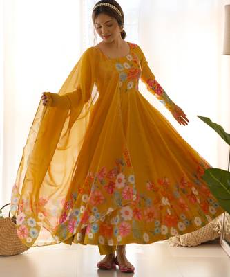Mustard festive wear designer heavy pure soft organza silk  readymade suit 1