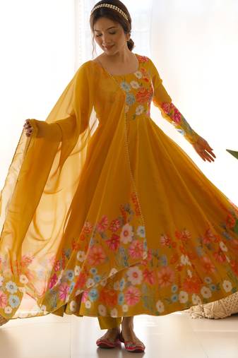 Mustard festive wear designer heavy pure soft organza silk  readymade suit